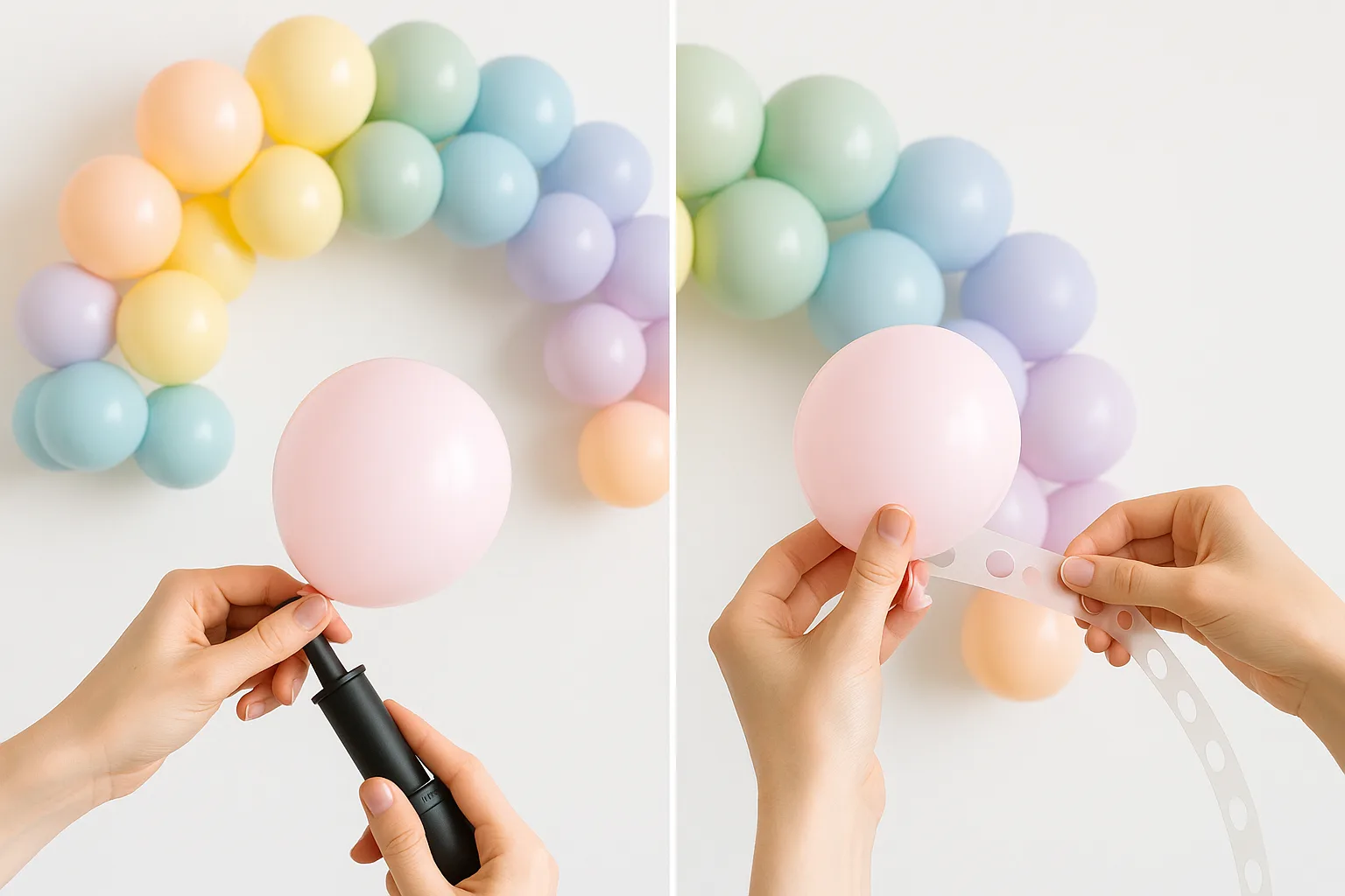 Hands assembling a pastel balloon arch with balloon strip tape