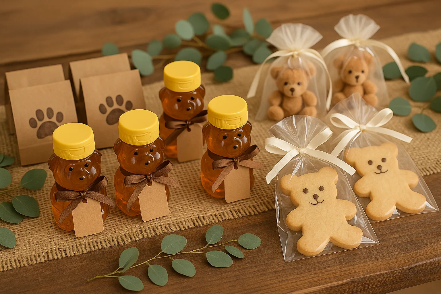 We Can Bearly Wait baby shower favors with mini honey bears, teddy bear cookies, and kraft paper bags