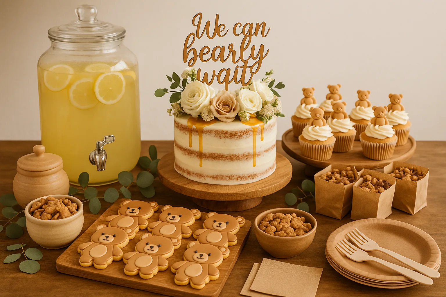 We Can Bearly Wait baby shower dessert table with bear cookies, honey cake, and honey pot treats