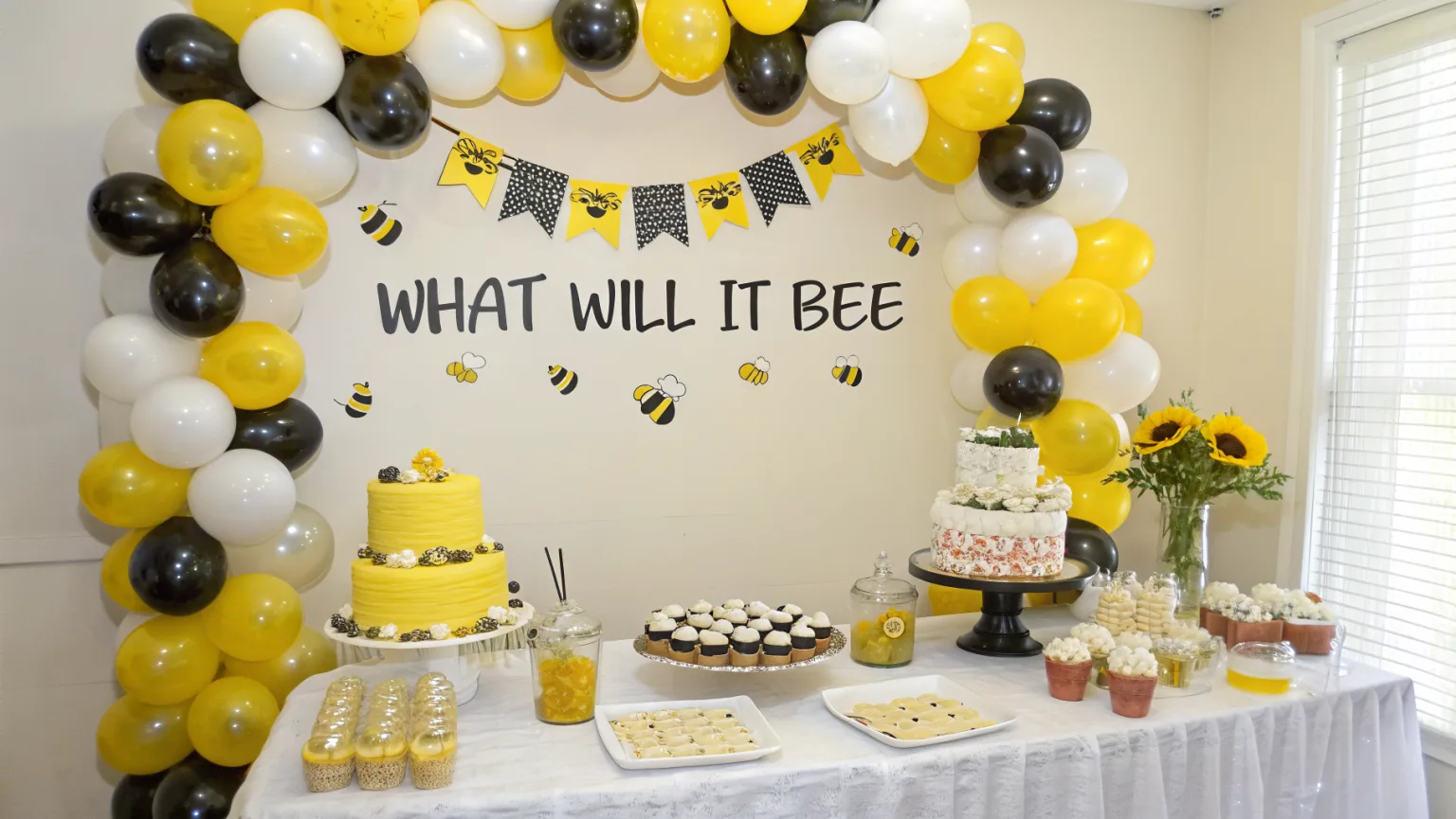 What Will It Bee bumble bee baby shower decorations with yellow and black balloon arch