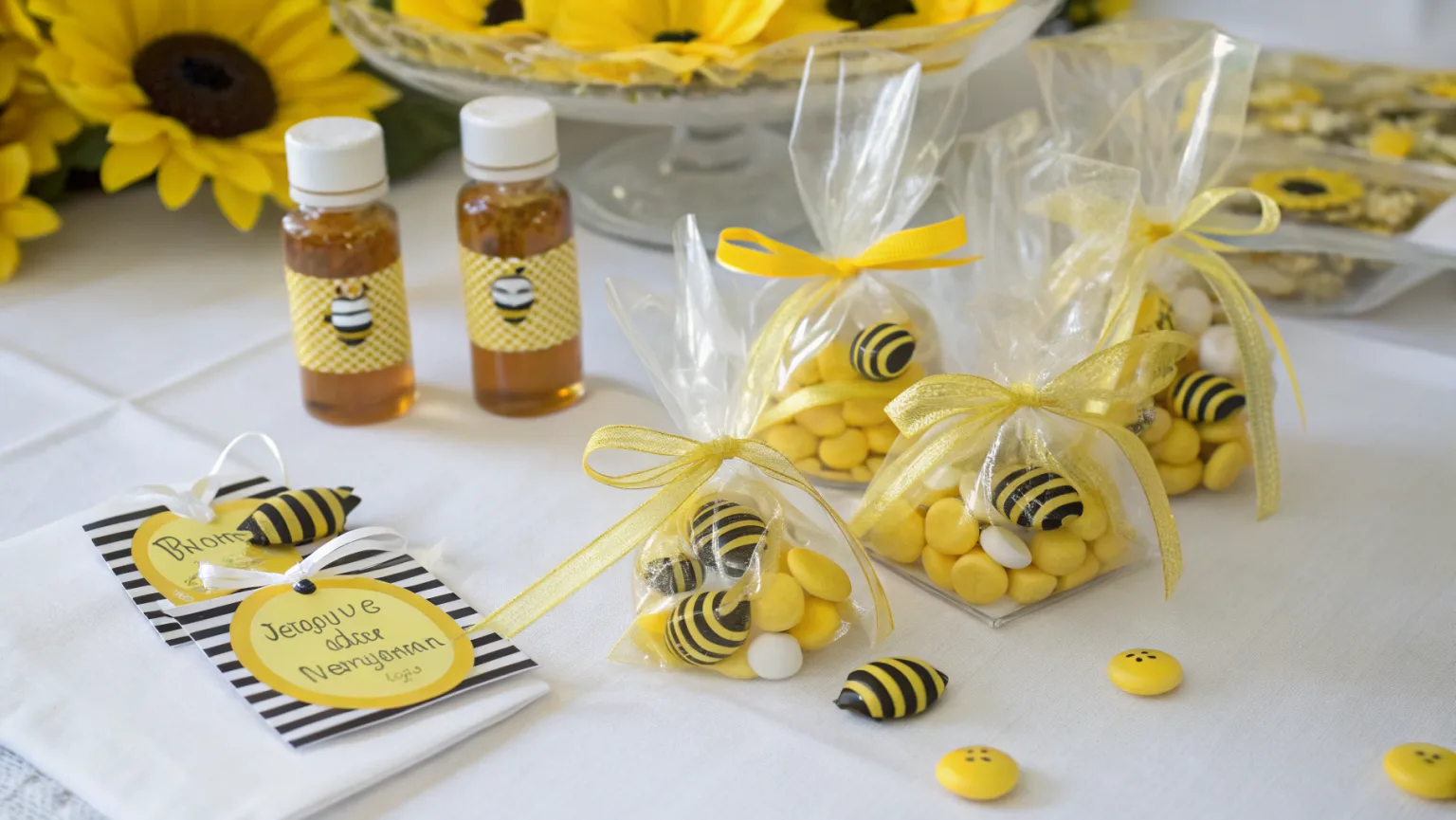 What Will It Bee baby shower favors with honey sticks, bee keychain bags, and sunflower seed packets