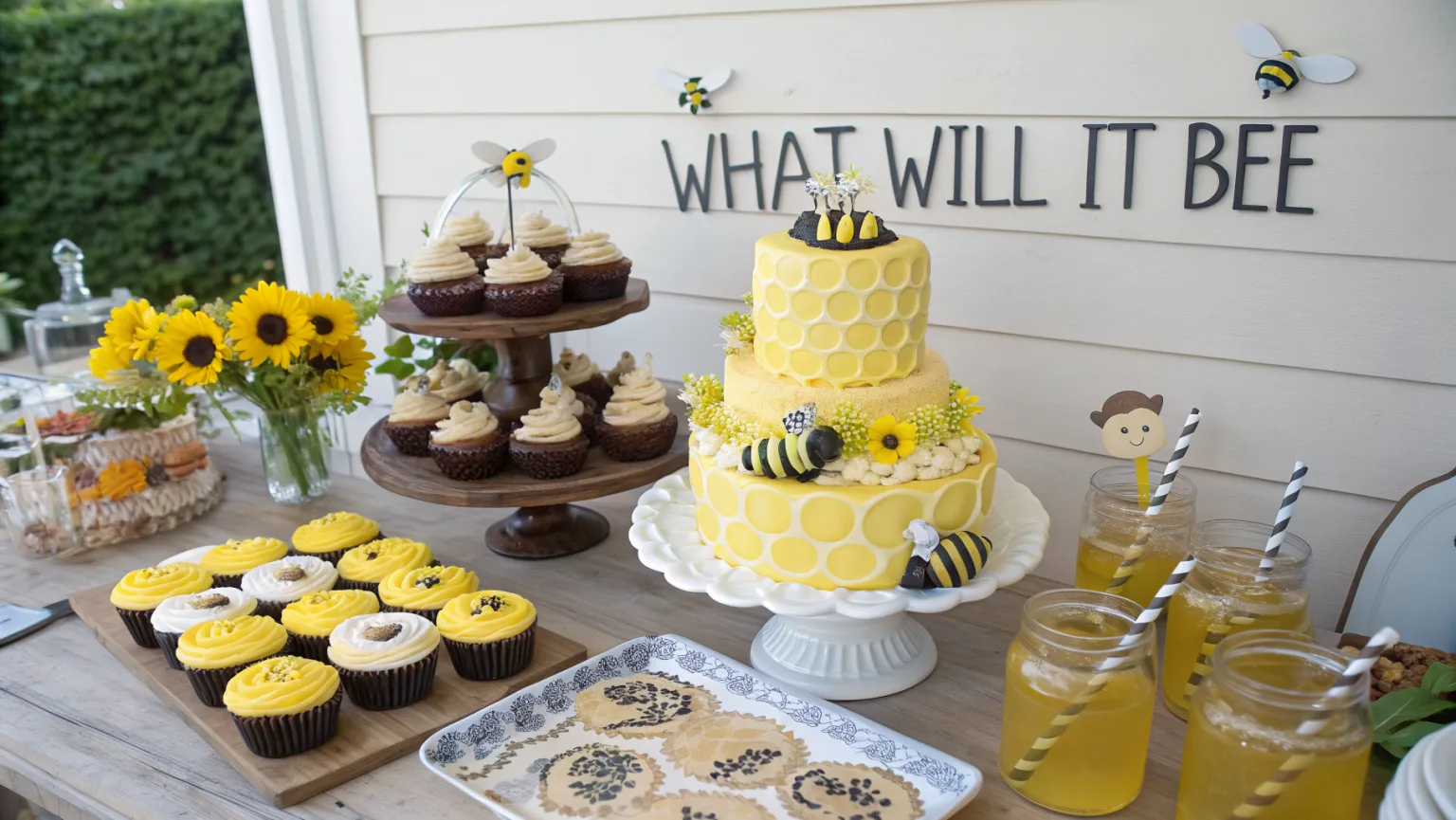 What Will It Bee baby shower dessert table with honeycomb cake, bee cookies, and honey lemonade