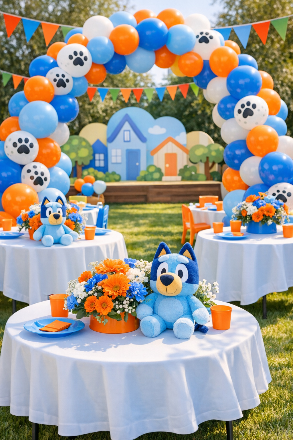 Bluey baby shower with blue and orange balloon arch, colorful bunting, and backyard party setup