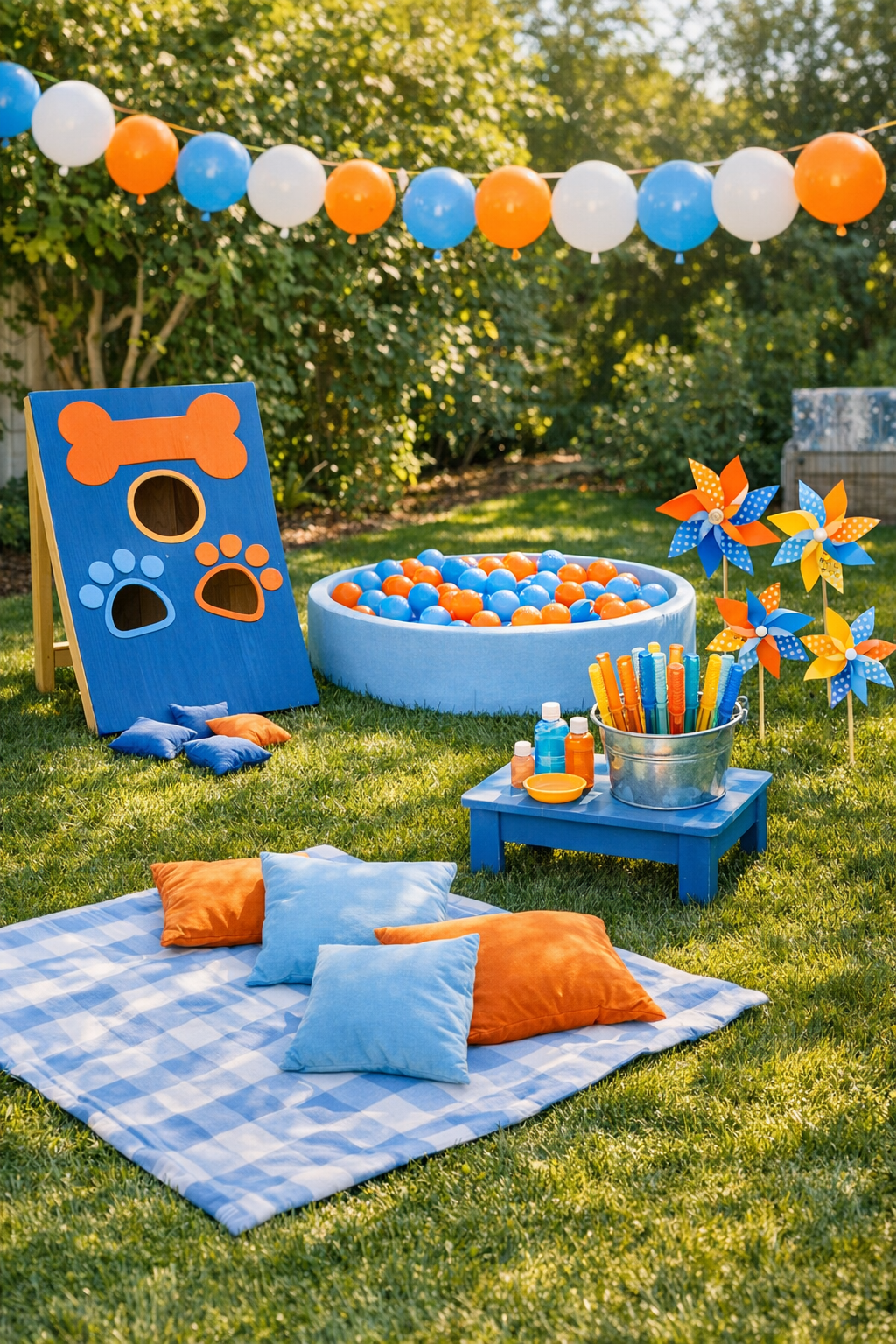 Bluey baby shower dessert table with blue paw print cake, orange cupcakes, and bone-shaped cookies
