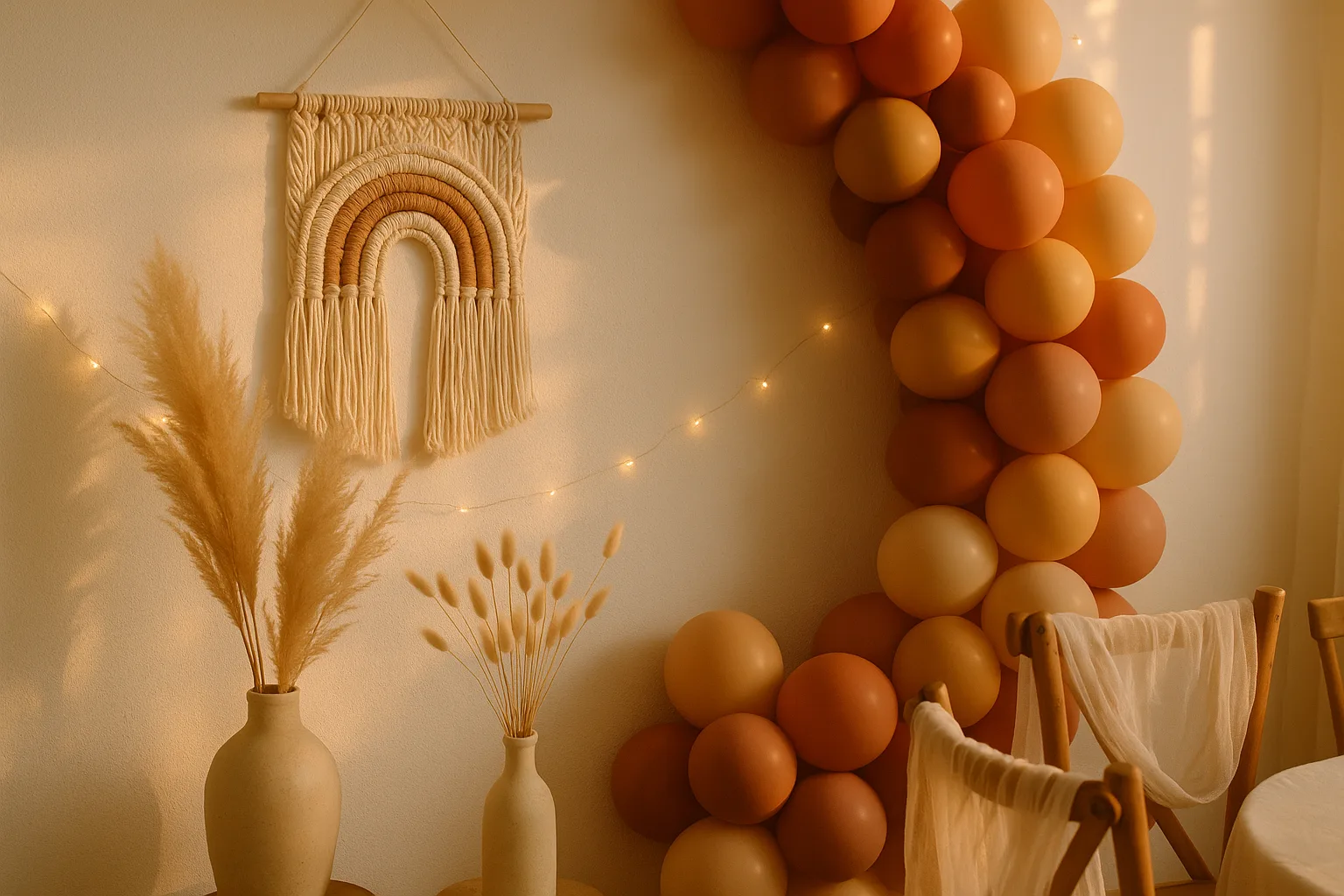 Boho rainbow baby shower decorations with macrame backdrop, muted balloon arch, and dried pampas grass