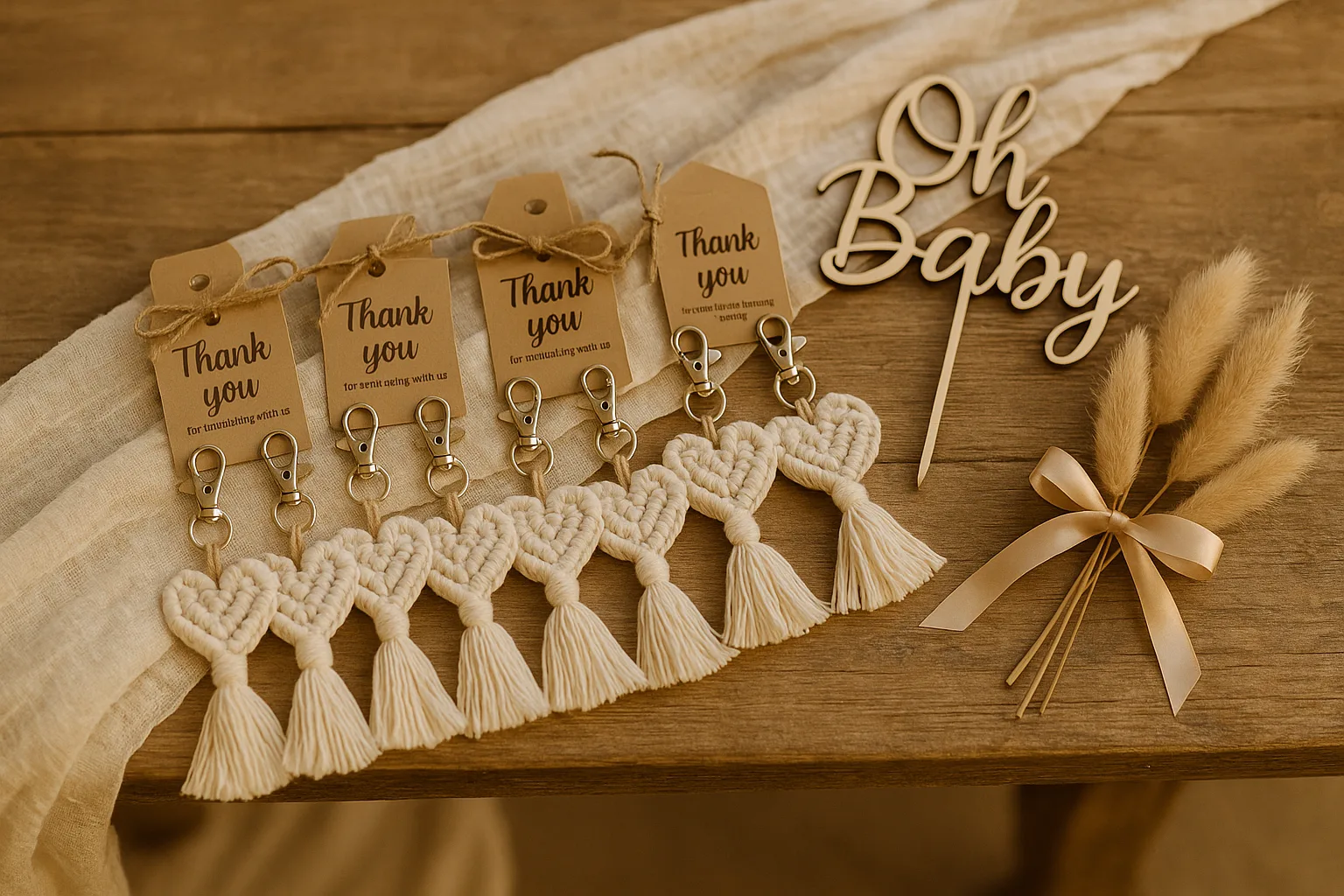 Boho baby shower favors with macrame keychains and dried pampas grass bundles