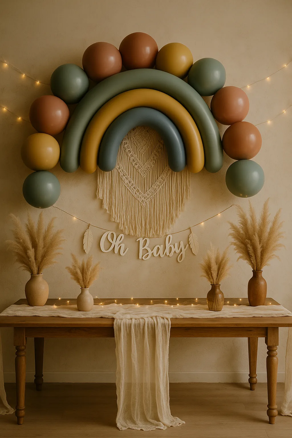 Boho rainbow baby shower setup with macrame backdrop and muted balloon arch