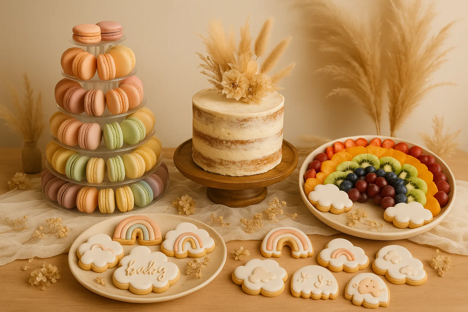 Boho rainbow baby shower dessert table with pastel macarons, naked cake, and rainbow fruit platter