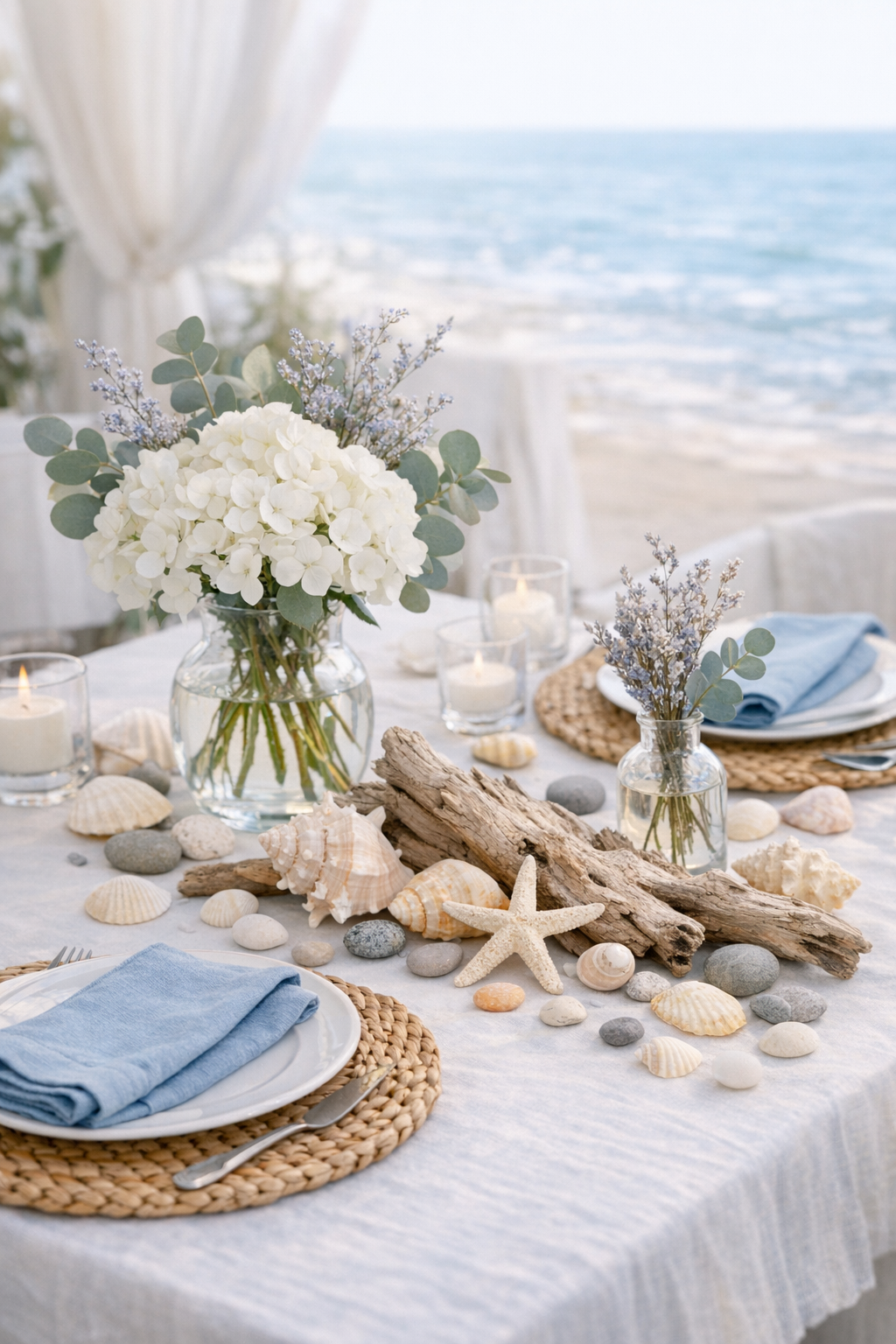 Coastal grandmother baby shower with driftwood centerpieces, seashell garlands, linen tablecloths, and white hydrangeas