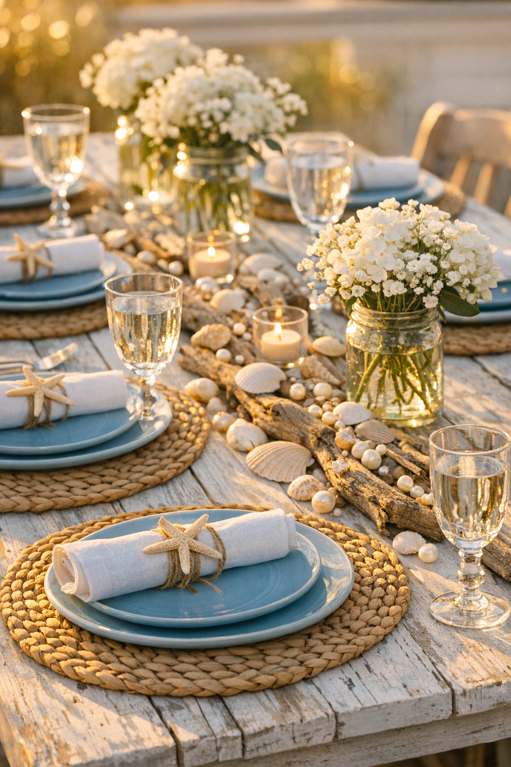 Coastal grandmother baby shower dessert table with ocean watercolor cake, shell macarons, and driftwood display