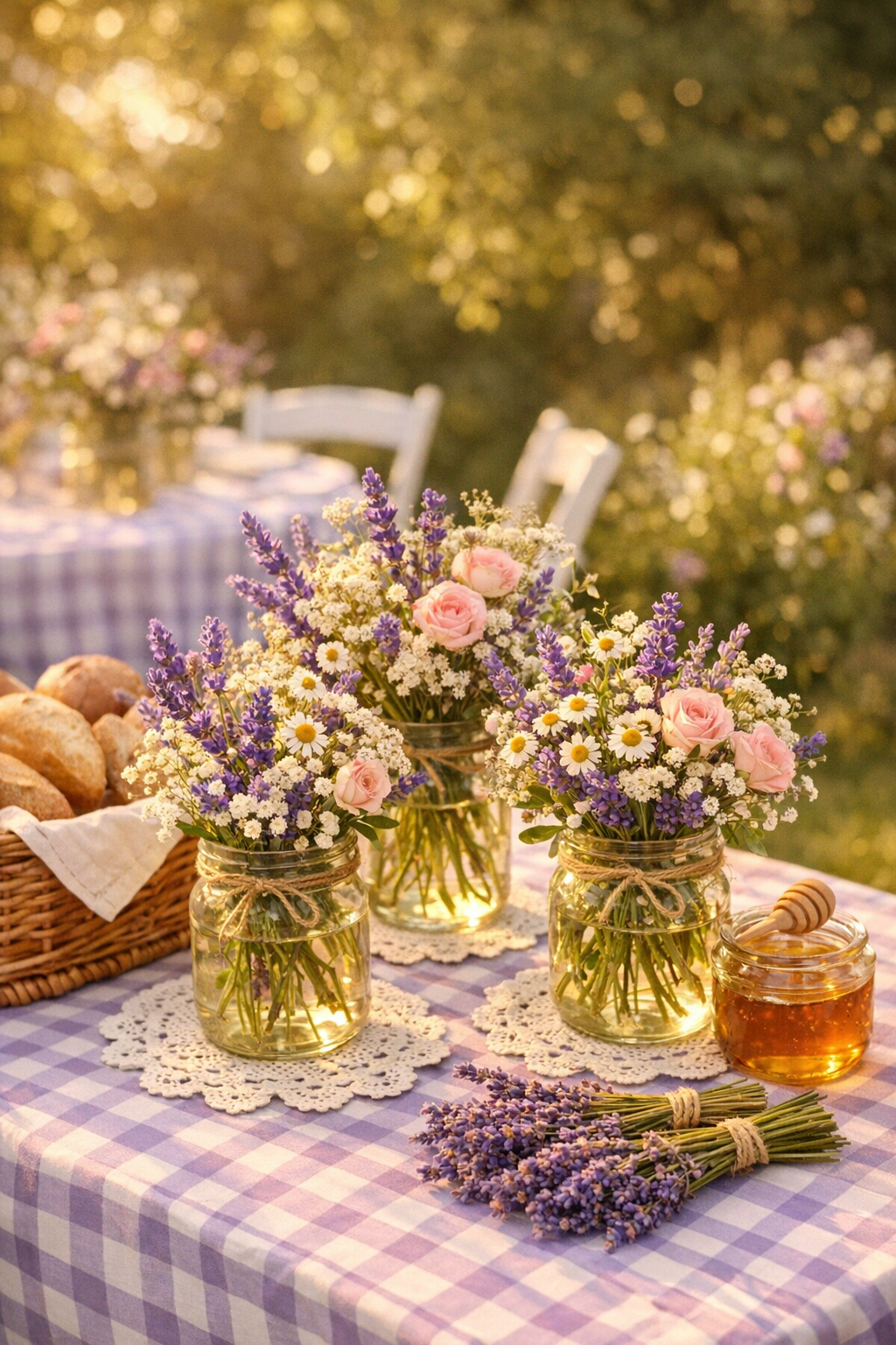 Cottagecore garden party baby shower with wildflower centerpieces, gingham tablecloths, and lavender accents