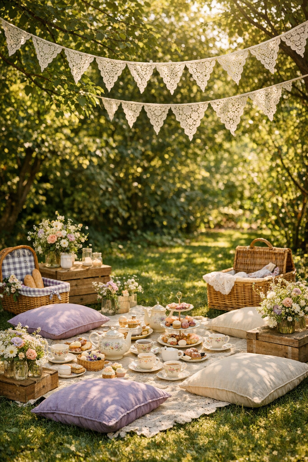 Cottagecore baby shower dessert table with lavender cake, scones, honey jars, and wildflower cupcakes