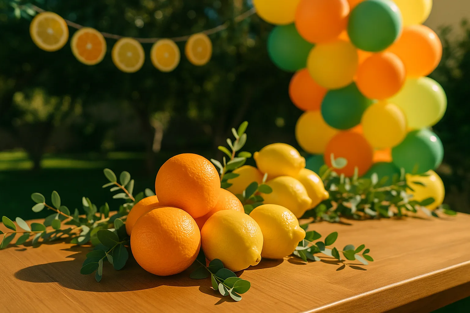 A Little Cutie citrus baby shower decorations with oranges, lemons, greenery, and balloon arch