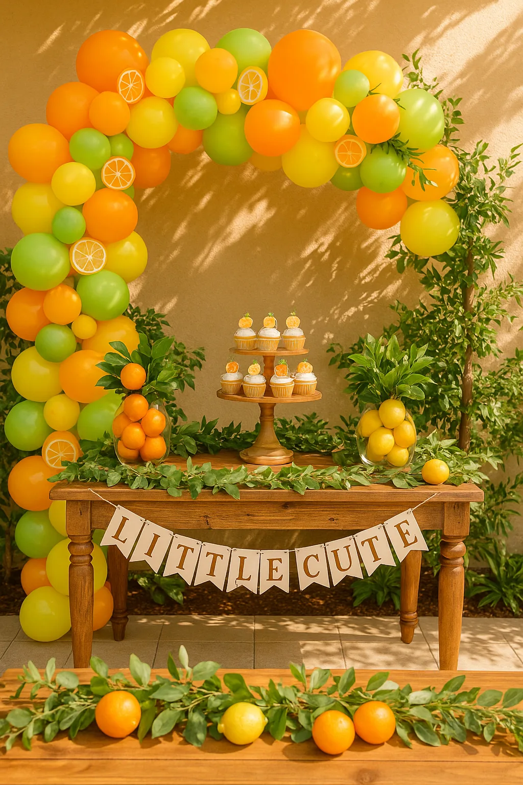 A Little Cutie citrus baby shower setup with orange decorations and balloon arch