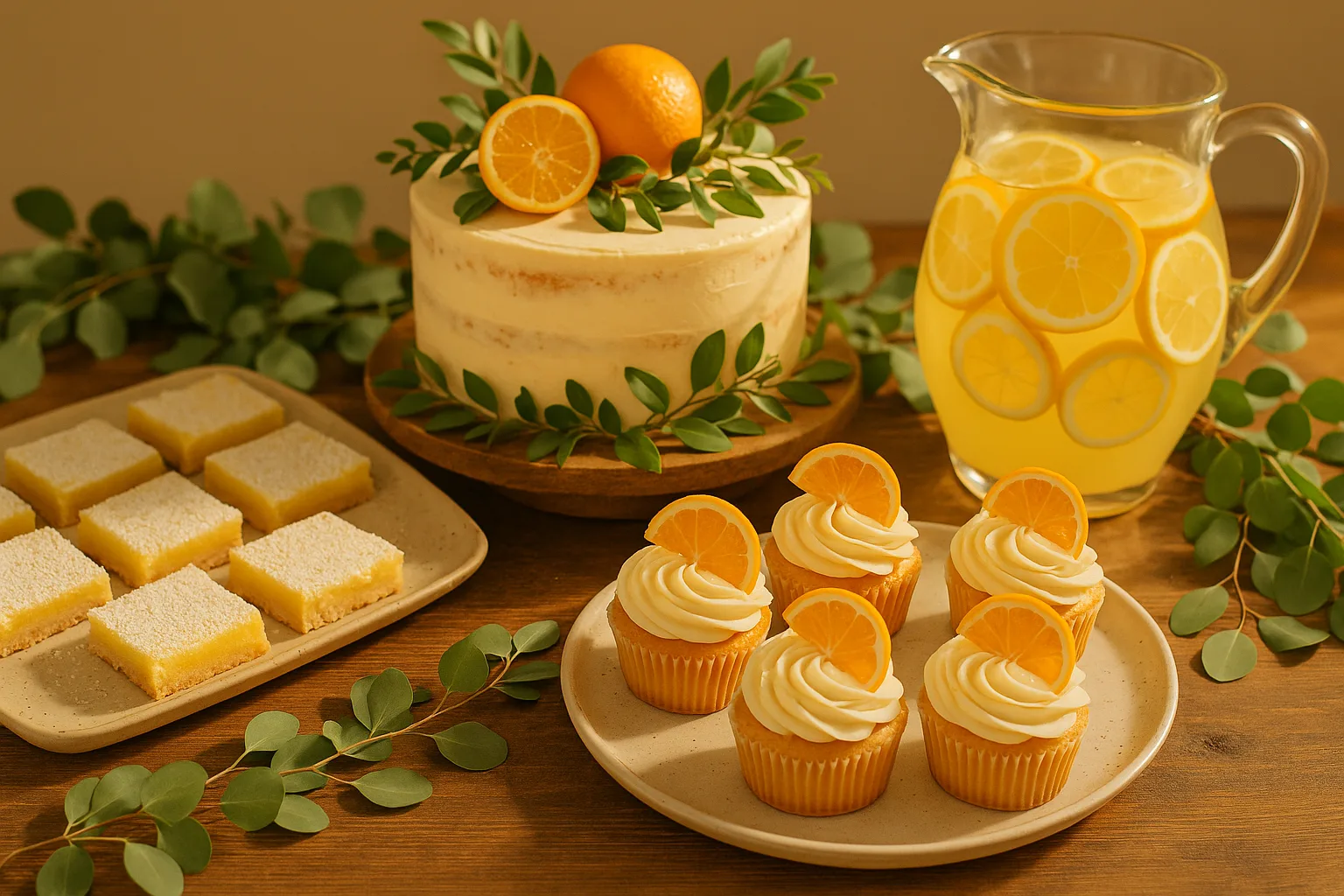 A Little Cutie citrus baby shower dessert table with orange cupcakes, lemon bars, and citrus cake