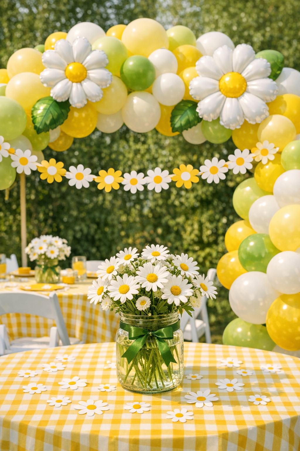 Daisy baby shower with yellow and white balloon arch, daisy chain garlands, and fresh flower centerpieces