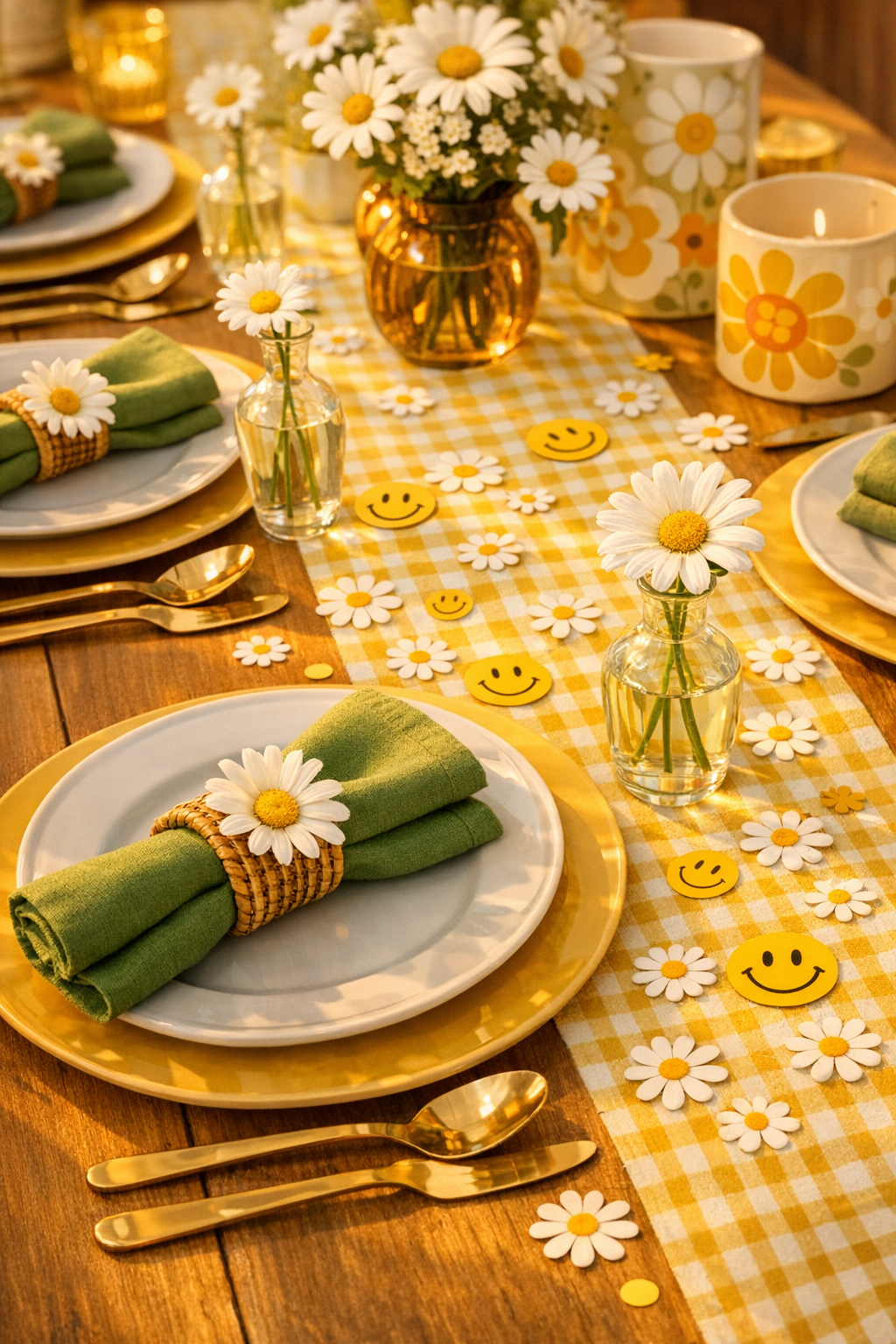 Daisy baby shower dessert table with daisy-decorated cake, flower cupcakes, and lemon treats