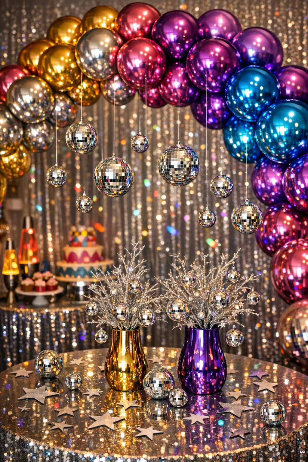 Disco baby shower with mirror balls, rainbow metallic balloon arch, and sparkly fringe curtain backdrop