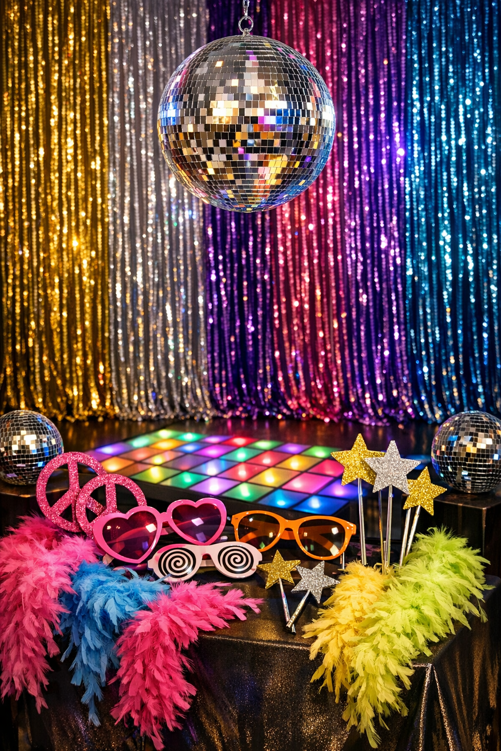 Disco baby shower dessert table with glitter cake, metallic cupcakes, mirror ball cake pops, and rainbow candy