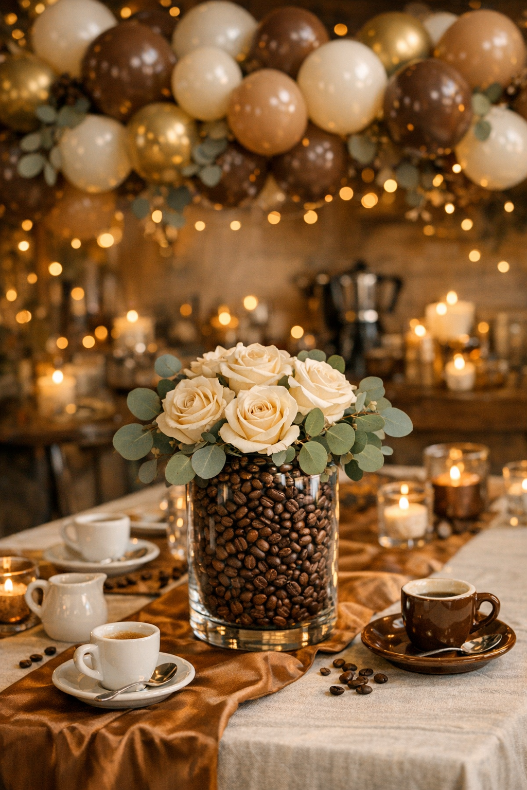 Espresso baby shower with coffee bean centerpieces, brown and cream balloon arch, and latte art details