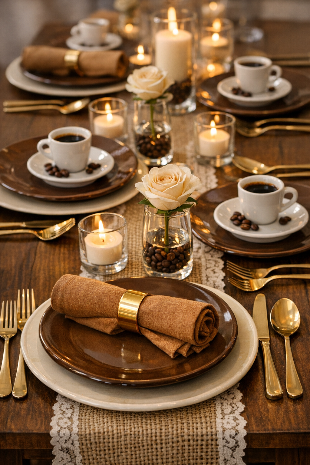 Espresso baby shower dessert table with tiramisu cups, mocha cupcakes, chocolate drip cake, and biscotti