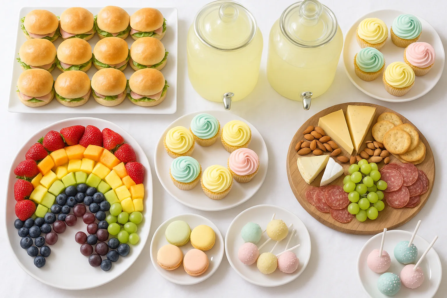 Stunning baby shower food spread with finger foods and desserts