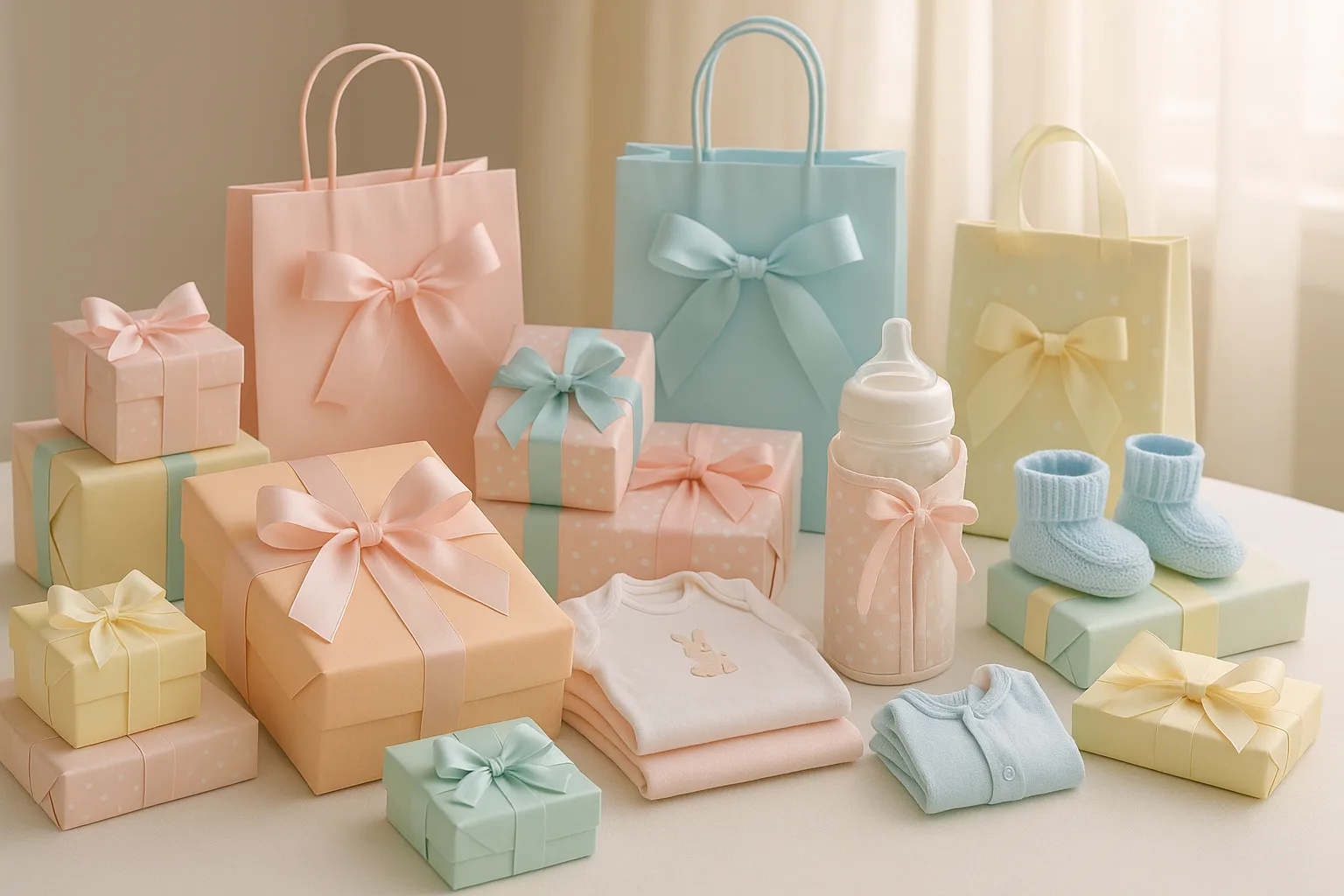 Display of wrapped baby shower gifts in pastel colors
