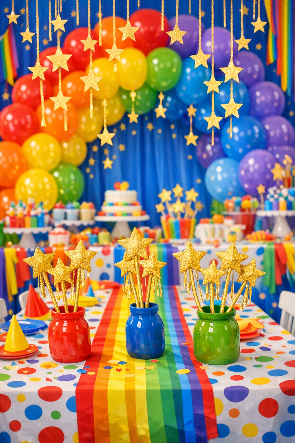 Plim Plim baby shower with bright rainbow balloon arch, gold star garlands, and colorful streamers