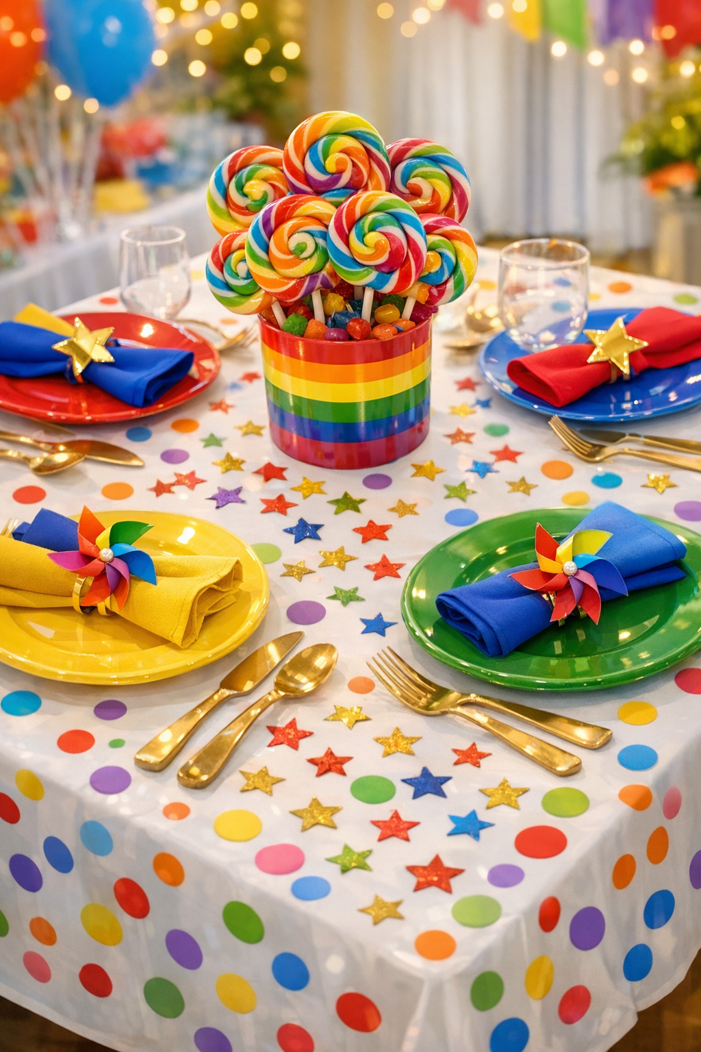Plim Plim baby shower dessert table with rainbow layer cake, star cookies, and colorful candy jars