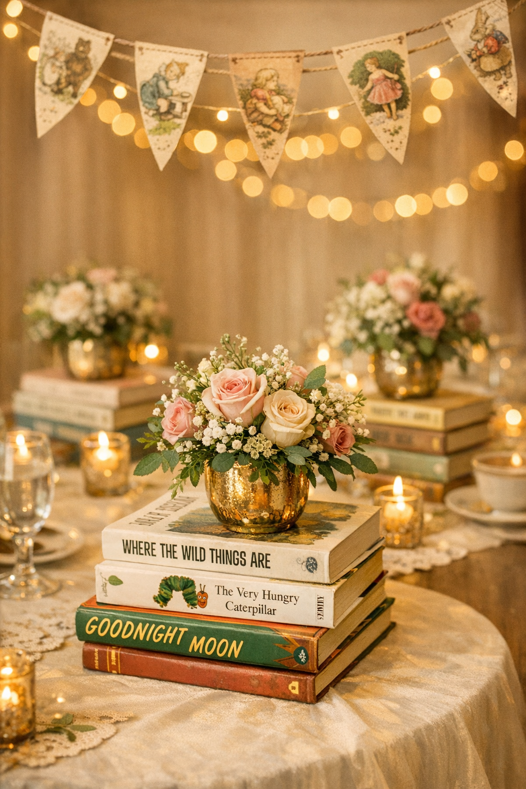 Storybook baby shower favors with bookmarks, mini book candles, and personalized bookplate stickers