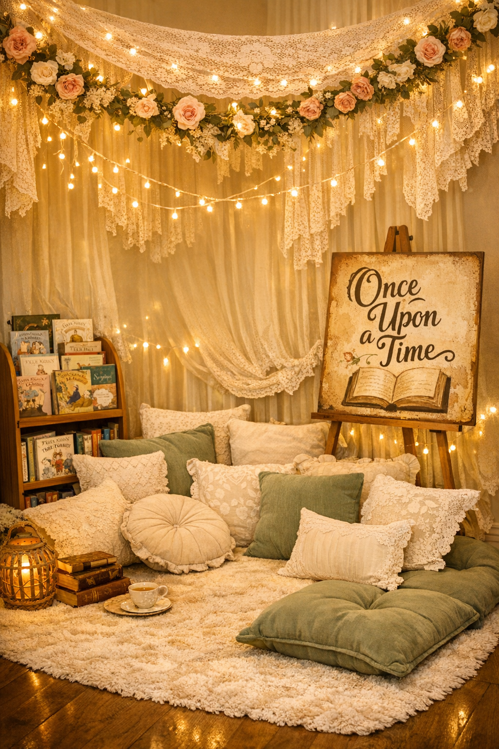 Storybook baby shower dessert table with open book cake, character cookies, and vintage teacups