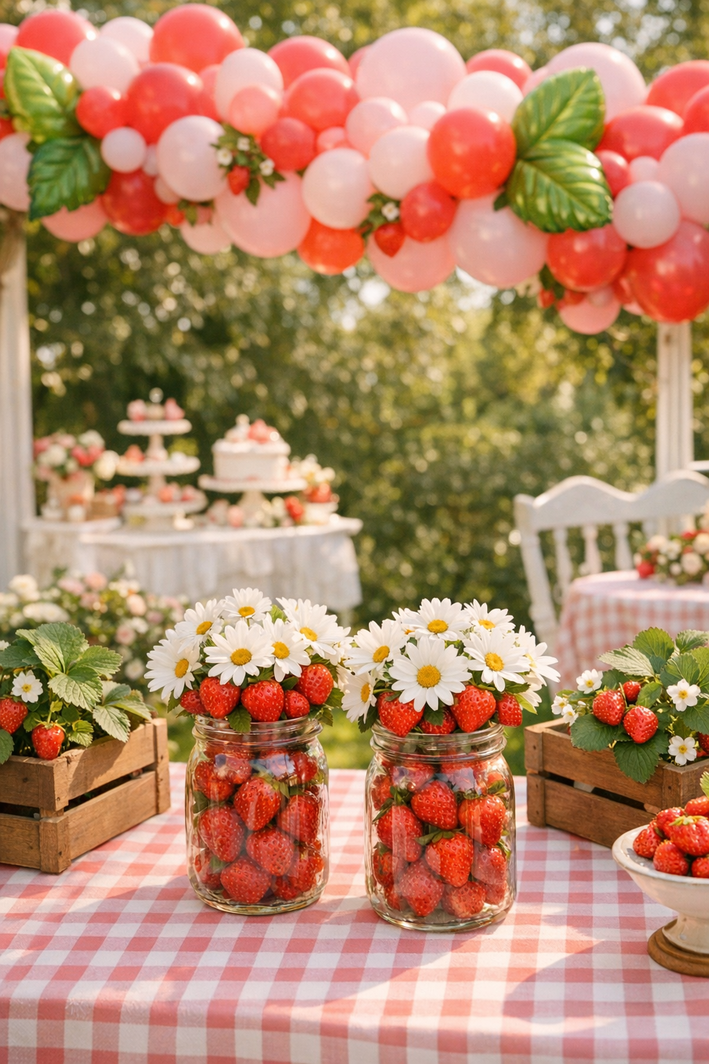 Strawberry shortcake baby shower with red and pink balloon arch, gingham tablecloths, and fresh strawberry centerpieces