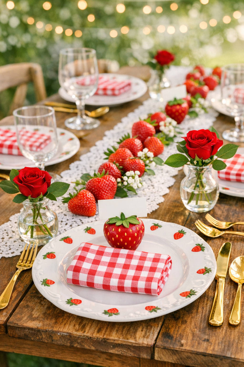 Strawberry shortcake baby shower dessert table with fresh strawberry cake, shortcake cupcakes, and chocolate dipped strawberries