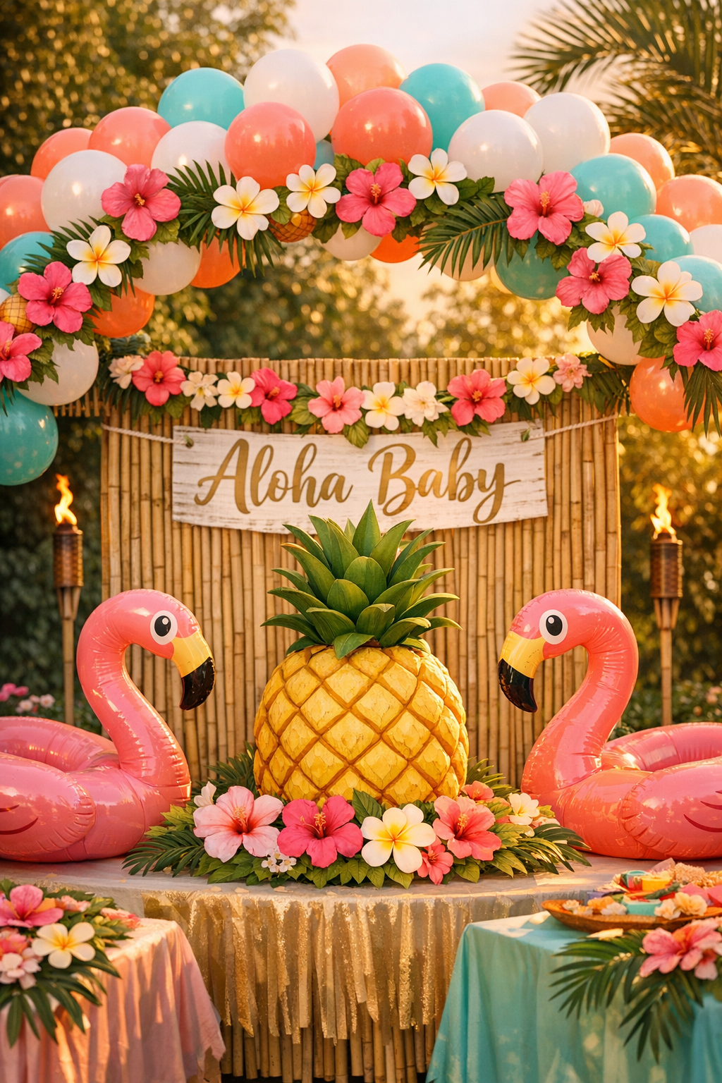 Summer luau baby shower favors with flower leis, pineapple candy boxes, and coconut lip balm