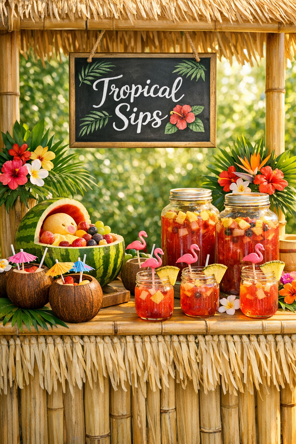 Summer luau baby shower dessert table with tropical fruit display, pineapple cake, and coconut cupcakes