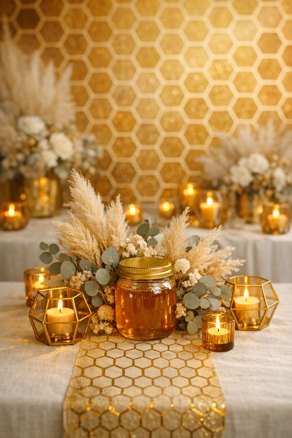 Sweet as honey baby shower with golden amber honeycomb decorations, pampas grass, and honey jar centerpieces