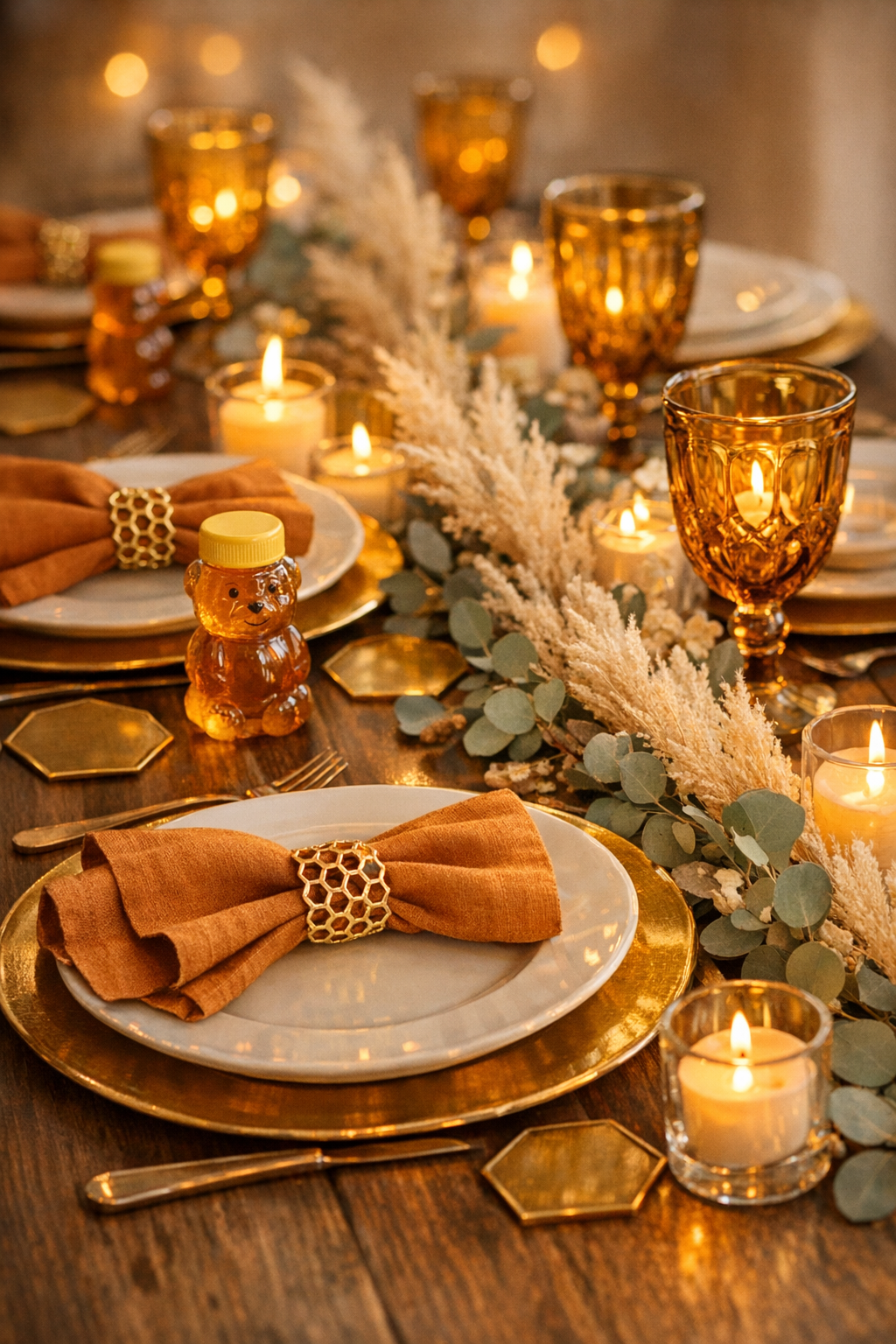 Sweet as honey baby shower dessert table with honey drip cake, honeycomb cookies, and golden cupcakes