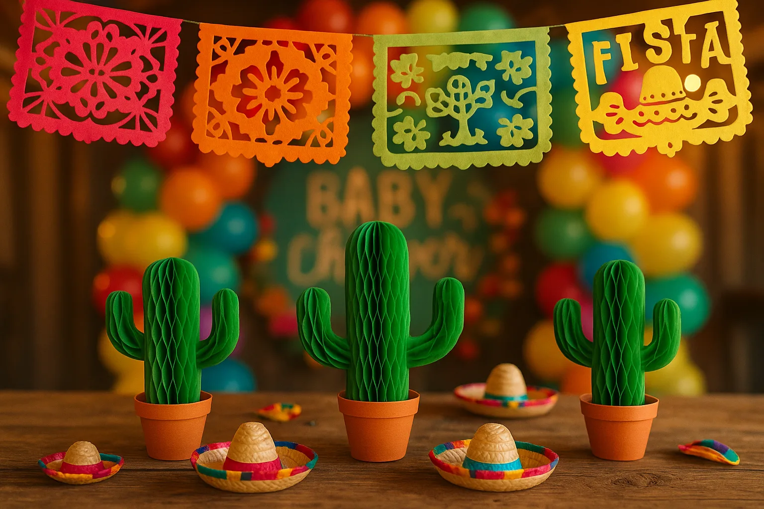 Taco Bout a Baby baby shower decorations with cactus centerpieces, papel picado banners, and fiesta balloon arch