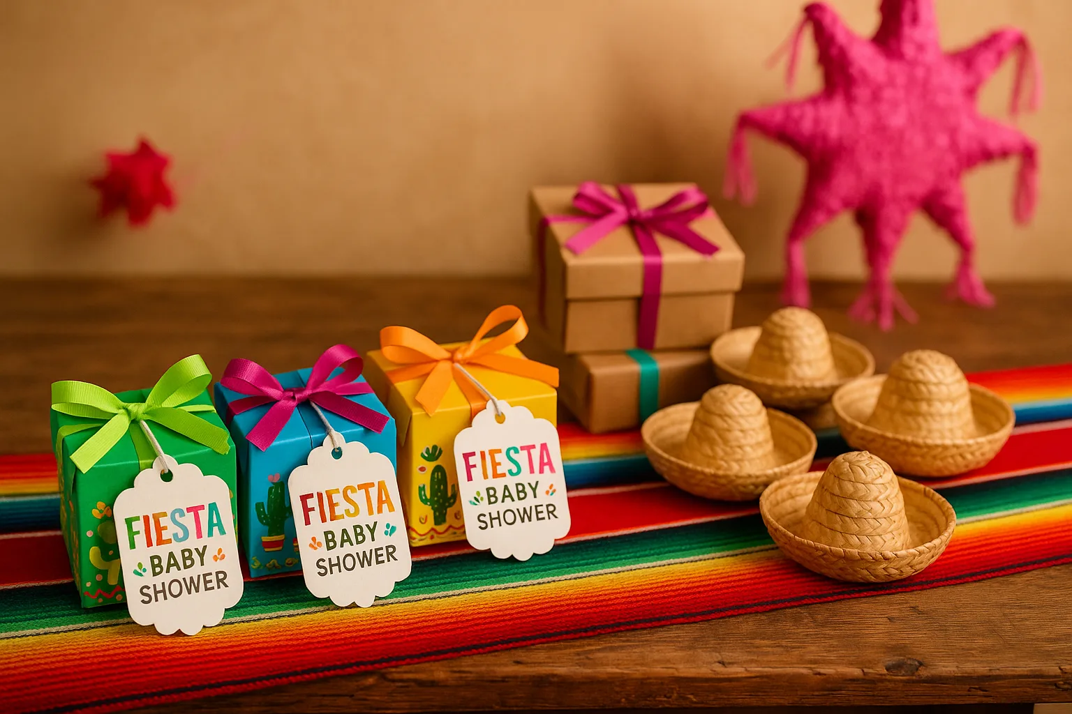 Taco Bout a Baby party favors with mini sombreros and fiesta gift boxes