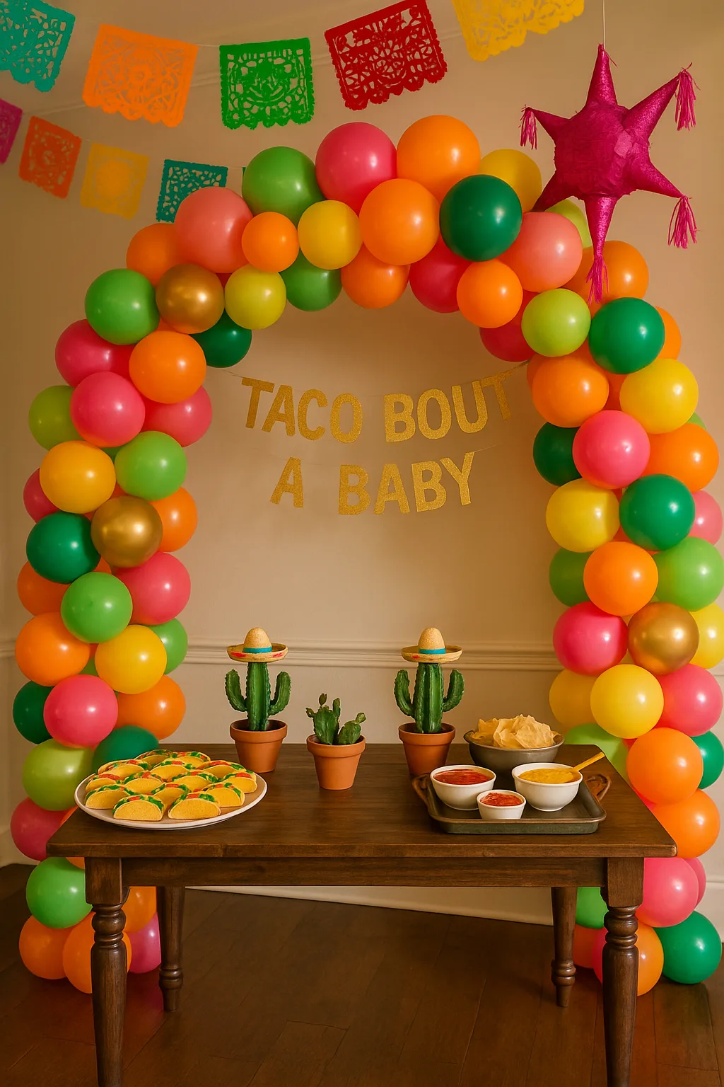 Taco Bout a Baby fiesta baby shower setup with papel picado banners and balloon arch