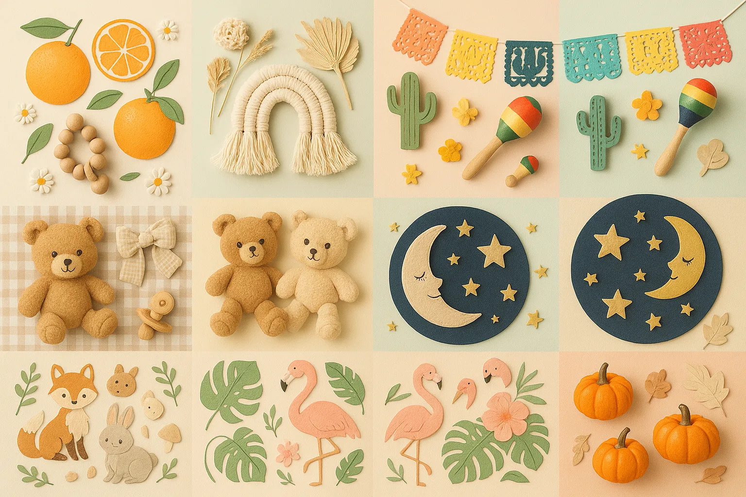 Collage of trending baby shower theme elements including citrus, boho, fiesta, and woodland