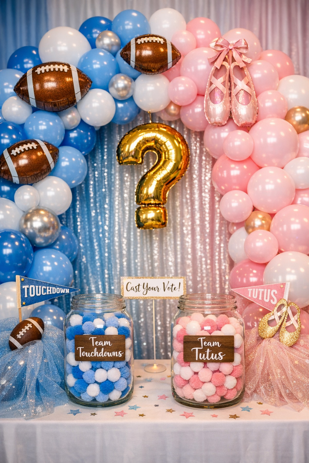Touchdowns or Tutus gender reveal baby shower with split blue and pink balloon arch and voting station
