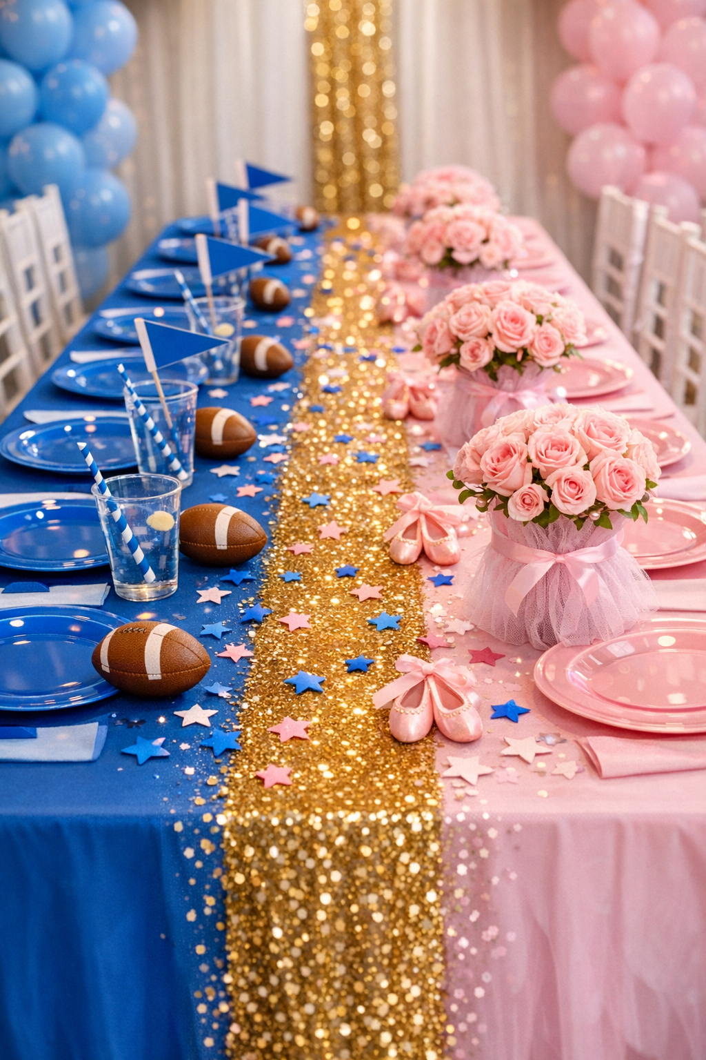 Touchdowns or Tutus baby shower dessert table with football cake pops, tutu cupcakes, and question mark cake