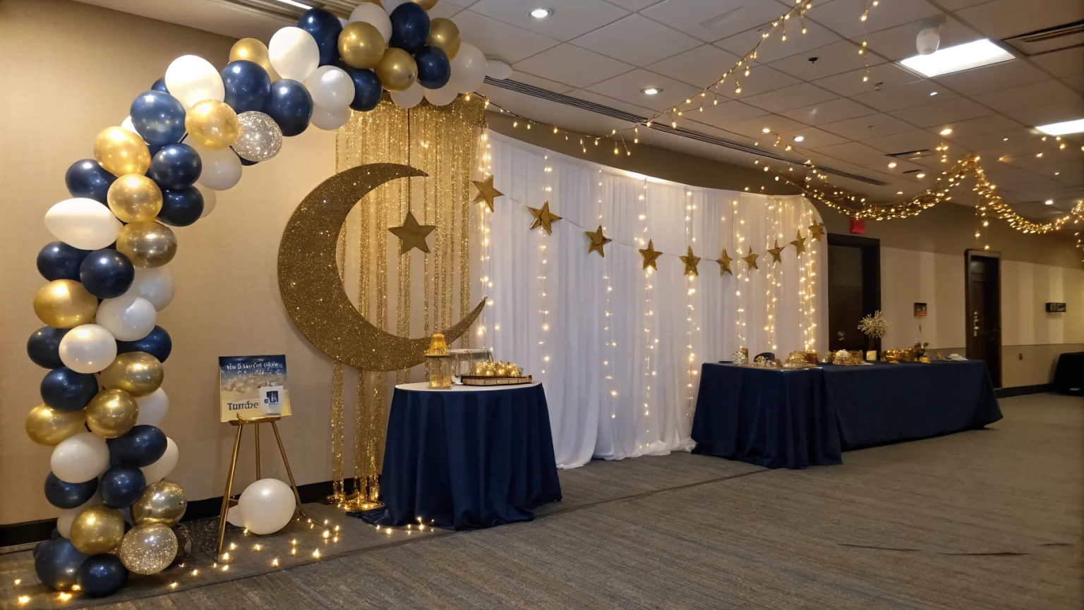 Twinkle Twinkle Little Star baby shower with navy blue and gold balloon arch and star decorations