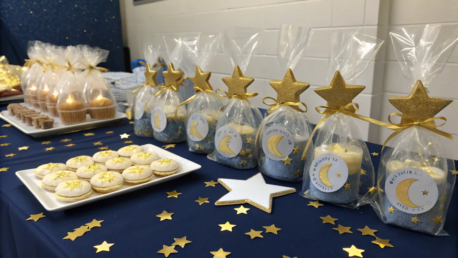 Twinkle Twinkle Little Star baby shower favors with star-shaped candles, galaxy bath bombs, and gold star bags