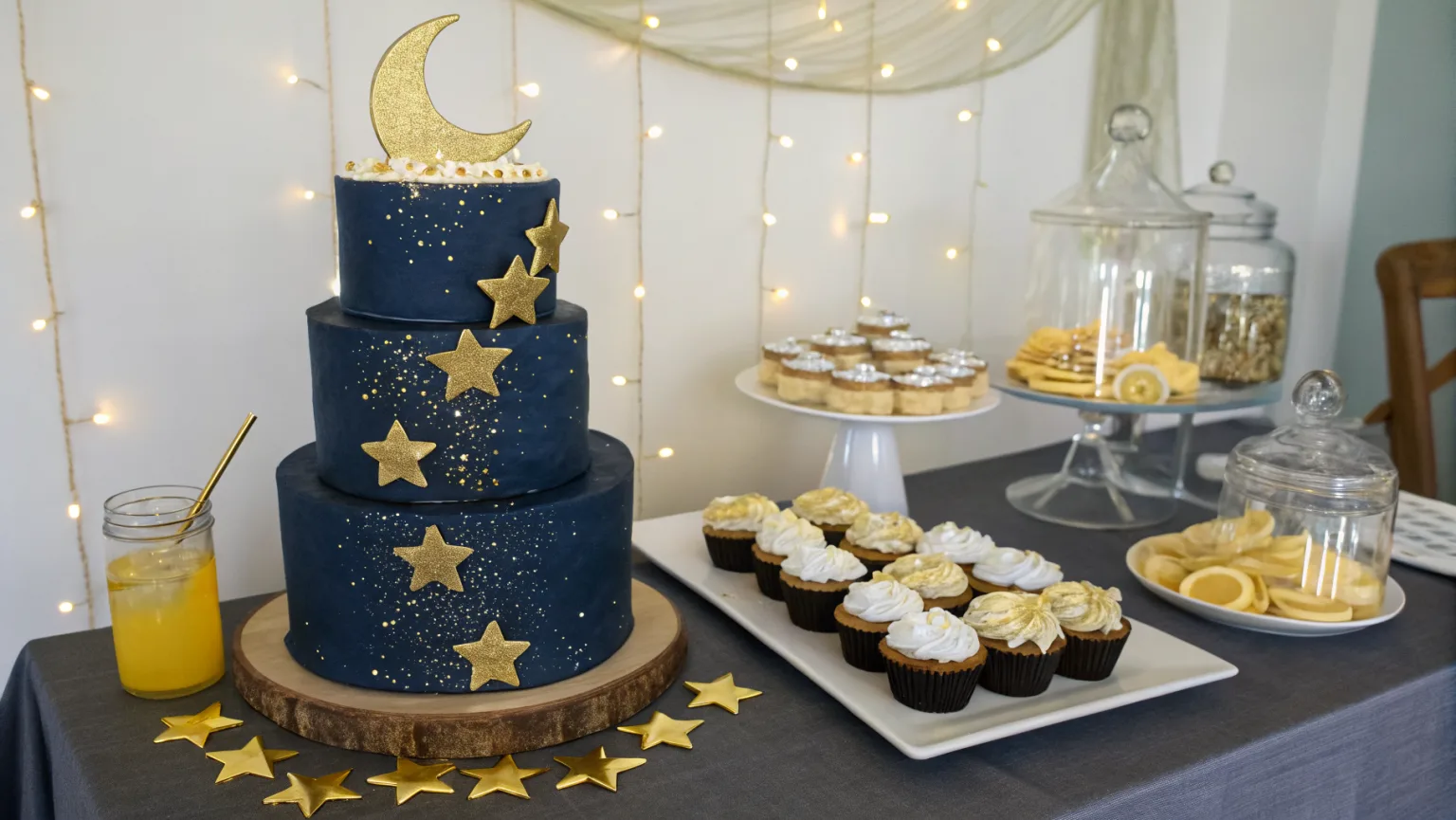 Twinkle Twinkle Little Star baby shower dessert table with star-shaped cookies, moon cake, and galaxy cupcakes