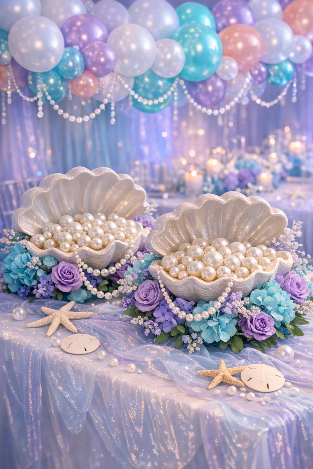 Under the sea mermaid baby shower with iridescent balloon arch, pearl garlands, and shell centerpieces