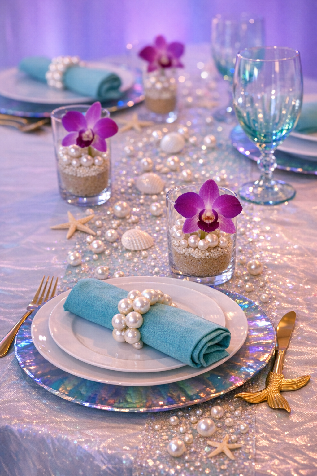 Under the sea mermaid baby shower dessert table with iridescent cake, shell macarons, and pearl cake pops